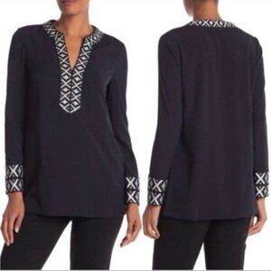 TORY BURCH ARIANA V Neck Tunic with Taping Blouse‎ Embroidered Knit Trim Size 4